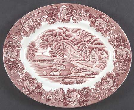 English Scenery Pink (Continental Shape) 12" Oval Serving Platter