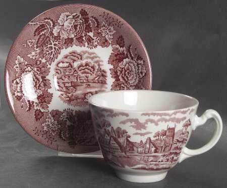 English Scenery Pink (Continental Shape) Flat Cup & Saucer Set