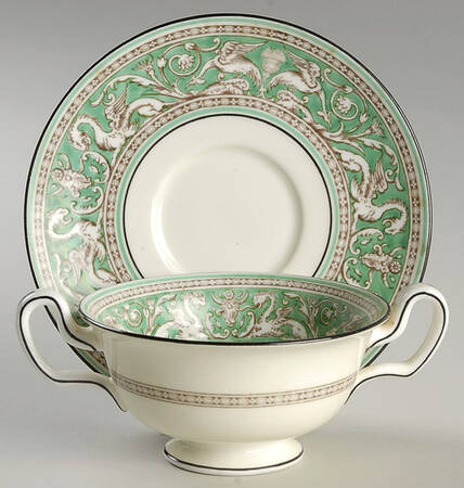 Florentine Green (No Center Design, Ivory) Footed Cream Soup Bowl & Saucer Set