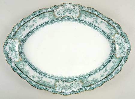 Phoebe Blue Green (Gold Accents, Gold Trim) 16" Oval Serving Platter