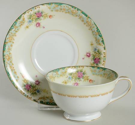 Greenleigh (Green & Aqua Border) Footed Cup & Saucer Set