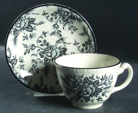 Colonial Rose Black and White Flat Cup & Saucer Set