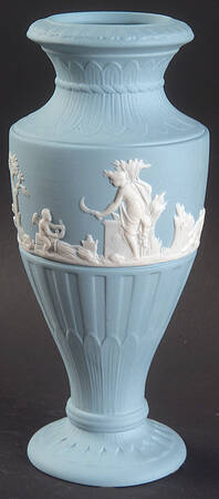 Cream Color on Dark Turquoise Jasperware 6" Fluted Vase