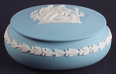 Cream Color on Dark Turquoise Jasperware Oval Apollo Box & Lid