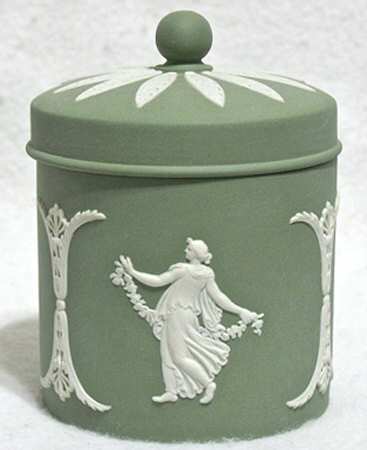 Cream Color on Sage Green Jasperware Candy Jar & Lid