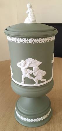 Cream Color on Sage Green Jasperware Vase/Urn & Lid