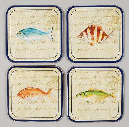 La Mer Fish Square Corkback Coaster - Set of 4 Motifs