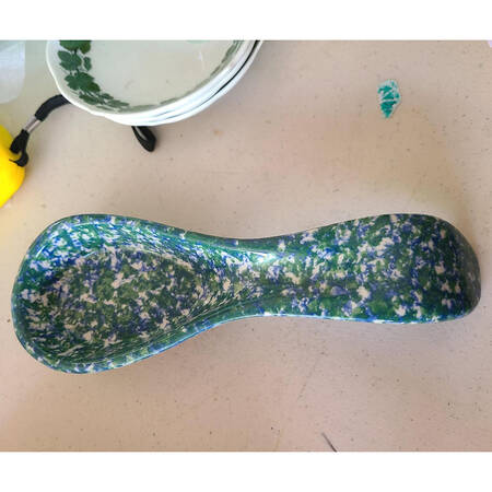 Blue Green Spongeware Spoon Rest/Holder (Holds 1 Spoon)