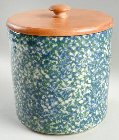 Blue Green Spongeware Extra Large Canister & Wood Lid