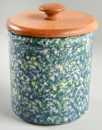 Blue Green Spongeware Medium Canister & Wood Lid