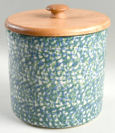 Blue Green Spongeware Large Canister & Wood Lid