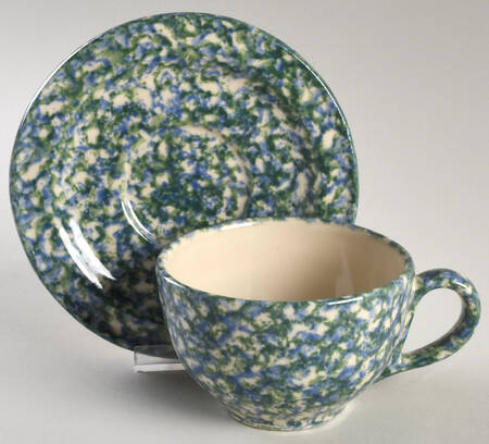 Blue Green Spongeware Flat Cup & Saucer Set