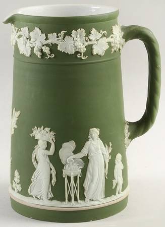 Cream Color on Olive Jasperware Large Trojan Jug