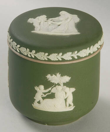 Cream Color on Olive Jasperware Pomade Box & Lid
