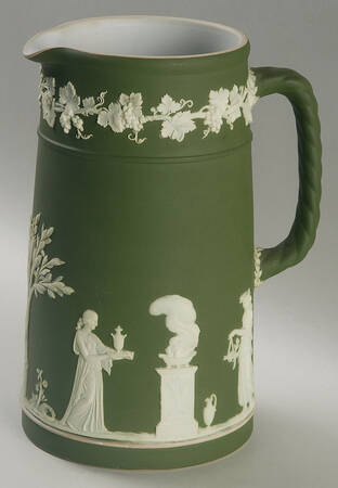 Cream Color on Olive Jasperware Large Trojan Jug