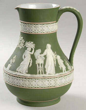 Cream Color on Olive Jasperware 7" Etruscan Jug