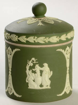 Cream Color on Olive Jasperware Candy Jar & Lid