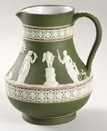 Cream Color on Olive Jasperware 5" Etruscan Jug