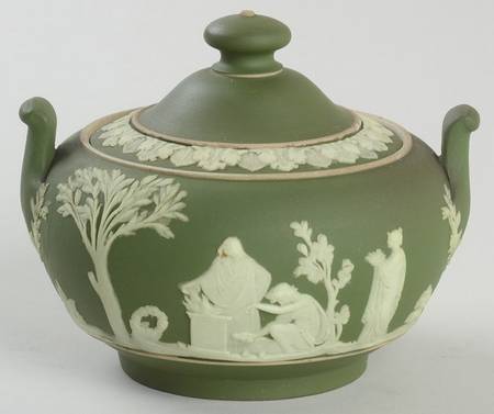 Cream Color on Olive Jasperware Mini Sugar Bowl & Lid