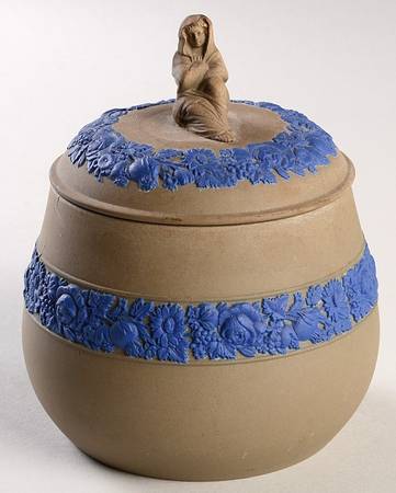 Drab Ware Blue Relief Sugar Bowl & Lid
