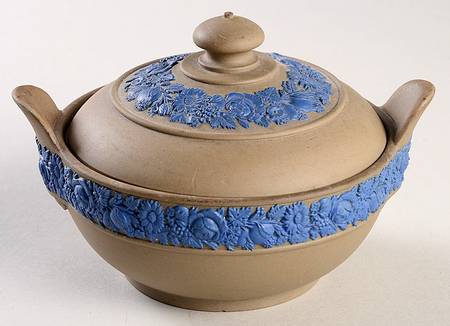 Drab Ware Blue Relief Sugar Bowl & Lid