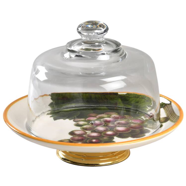Botanical Fruit 6 1/2"-7 1/2" Footed Cheese Plate w/ Glass Dome HC
