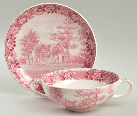 Old Avery Homestead Red Flat Cream Soup Bowl & Saucer Set