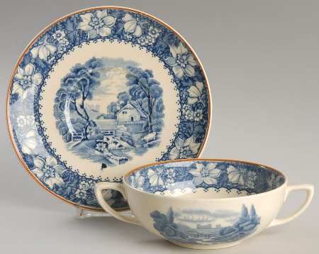 Colonial Blue (Rust Trim) Flat Cream Soup Bowl & Saucer Set