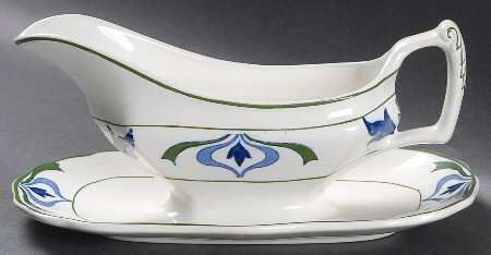 Old English (Green Trim) Gravy Boat with Attached Underplate