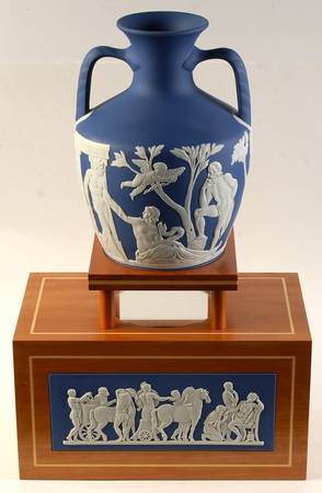 Cream Color on Saxon Blue Jasperware Portland Vase & Wood Stand