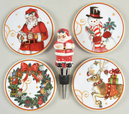 Twas the Night Before Christmas Wine Bottle Stopper & Set of 4 Motif Coasters