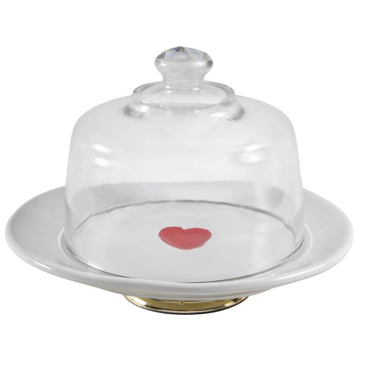 Valentine's Day 6 1/2"-7 1/2" Footed Cheese Plate w/ Glass Dome HC