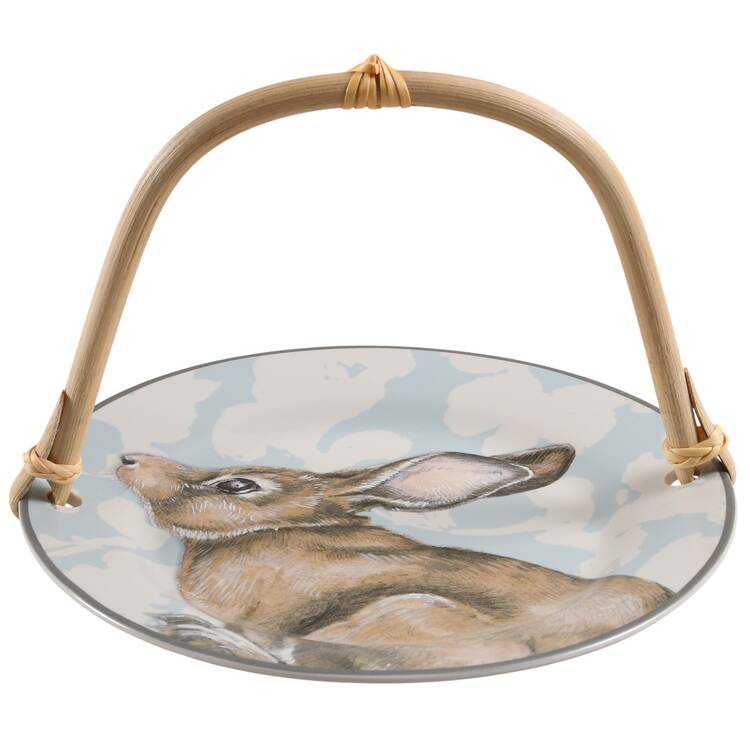 Damask Easter Bunny 5 3/8"-5 5/8" Bamboo Handled Serving Plate  HC