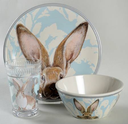 Damask Easter Bunny (3 Pc)Melamine Child's Set(Plate,Bowl,Plastic Cup)