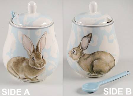 Damask Easter Bunny Sugar Bowl & Lid W/Spoon