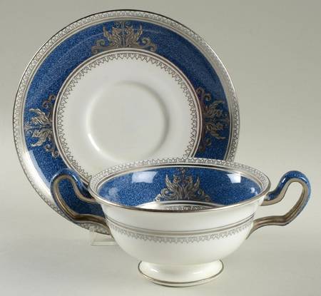 Columbia Powder Blue Rim, Center (Platinum Trim) Footed Cream Soup Bowl & Saucer Set