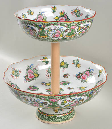 Famille Rose Tier Fruit Bowl Set-2 Bowls and Wood Handle