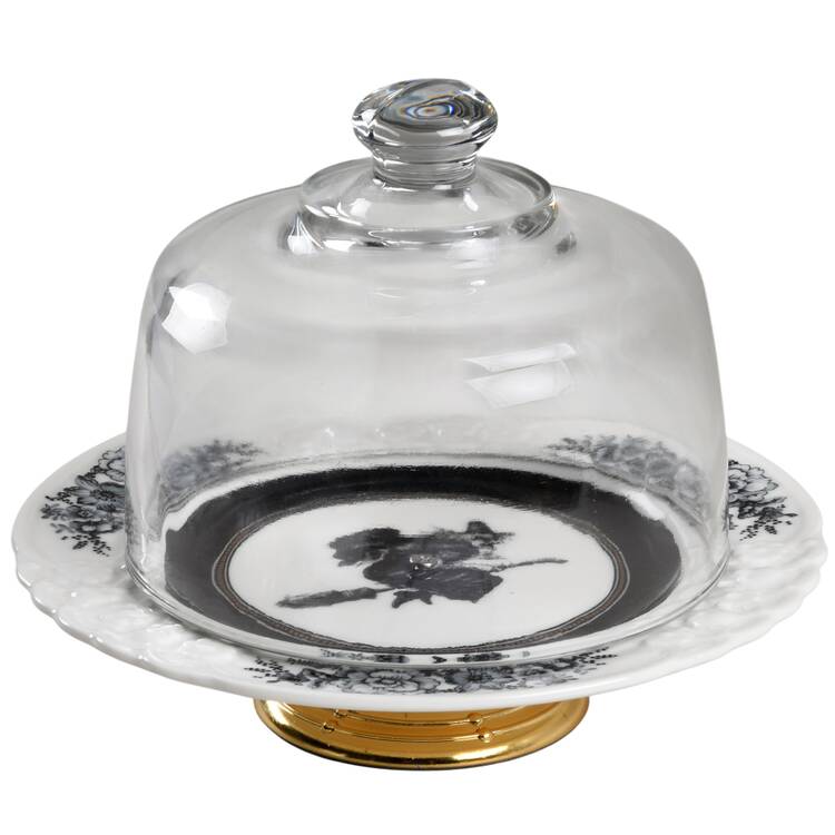 Spooky Soiree 6 1/2"-7 1/2" Footed Cheese Plate w/ Glass Dome HC