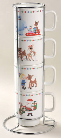 Rudolph Christmas Stackable Mug - Set of 4 & Metal Holder