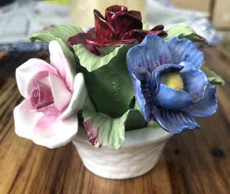 Floral Figurine Flower Basket Arrangement - With Box