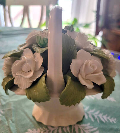 Floral Figurine Basket With White Roses - Boxed