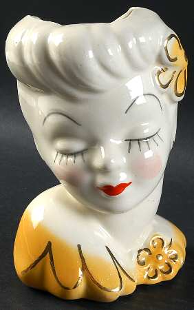 American Bisque Head Vases Lady W/Ylw Flower & Dress - No Box