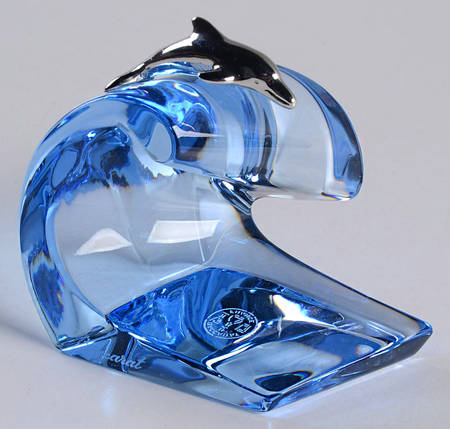 Baccarat Crystal Figurines Dolphin Rides Blue Wave - With Box Bx1034