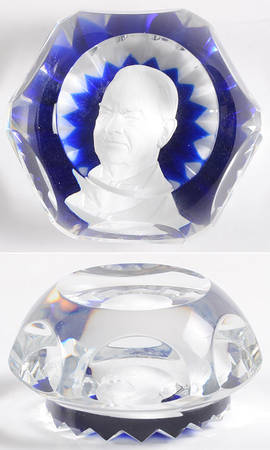 Sulphide Paperweight Herbert Hoover - Star Cut Cobalt  - Boxed