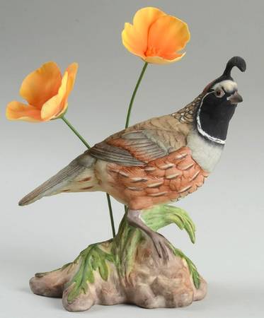 Boehm Birds California Quail With Orange Poppies - No Box