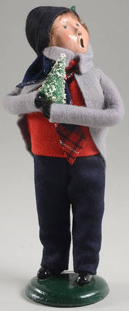 Traditional Assorted Carolers Boy With Tree-Grey Coat-Red Vest - No Box