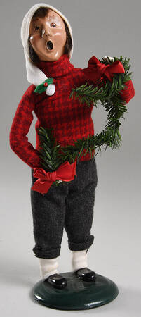 Traditional Assorted Carolers Teen Boy With Garland, Red Checked Coat - No Box Nb1740