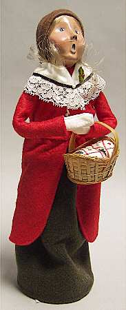Traditional Assorted Carolers Woman With Basket-Red Coat Lace Trim - No Box