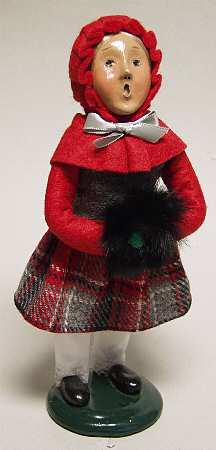 Traditional Assorted Carolers Girl With Muff-Red Hood Grey Ribbon - No Box