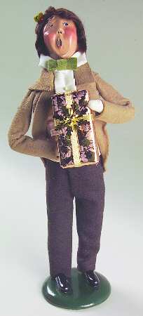 Traditional Assorted Carolers Victorian Man With Gift-Brown Green - No Box